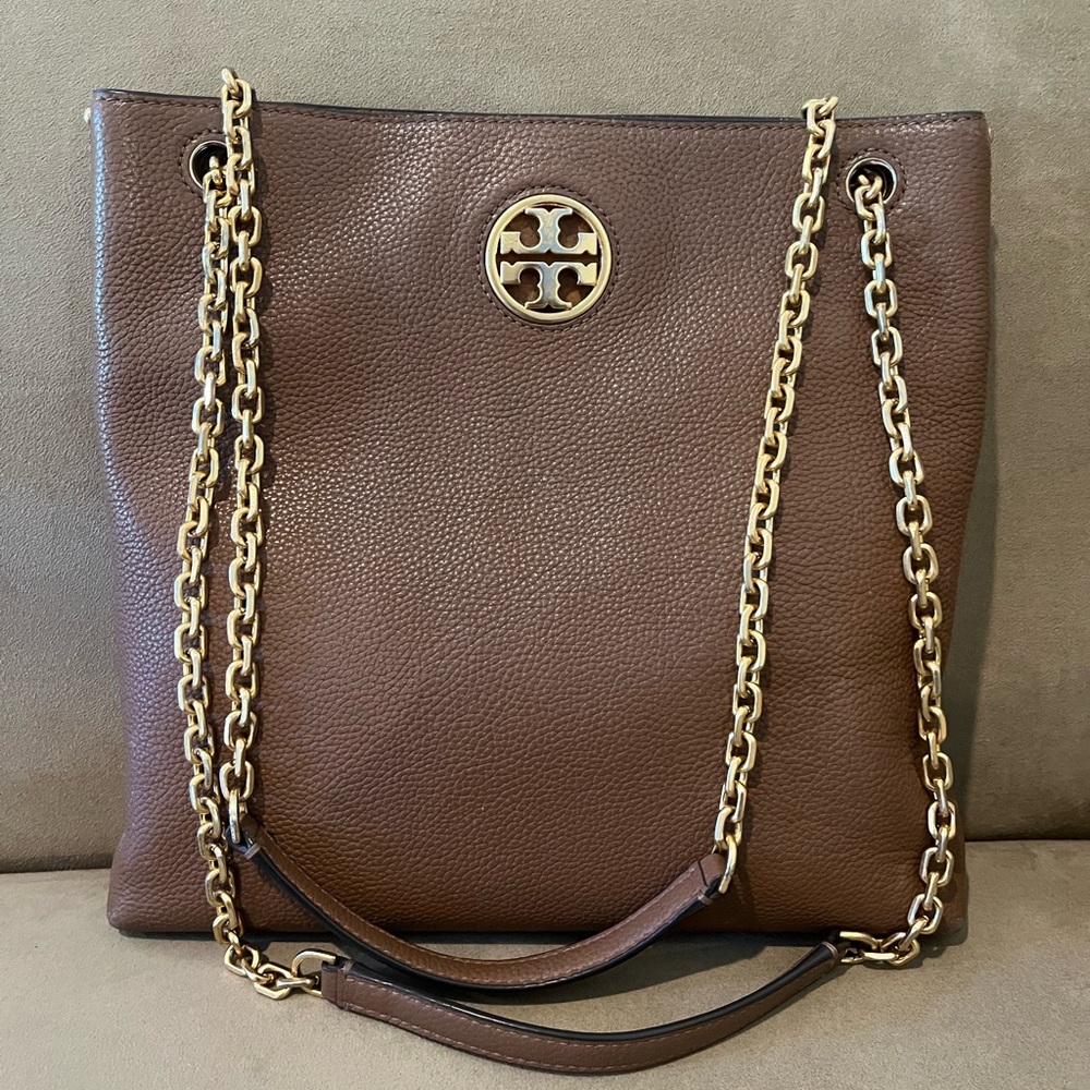 Tory Burch Brown Leather Shoulder Bag with Gold Chain, authentic